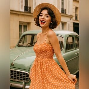 Maria Bianca Nero Dress 100% Silk Orange Polka Dot A Line Vintage Style Small